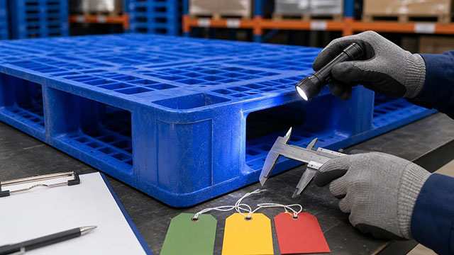 Cần kiểm tra mặt pallet, chân pallet, các góc chịu lực và tình trạng nứt gãy trước khi nhập pallet cũ số lượng lớn.