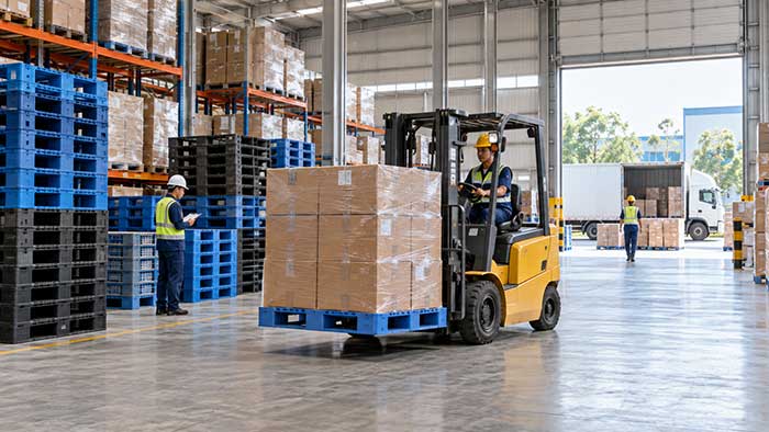 Pallet nhựa được sử dụng cùng xe nâng trong kho hàng công nghiệp tại khu vực Bến Cát.