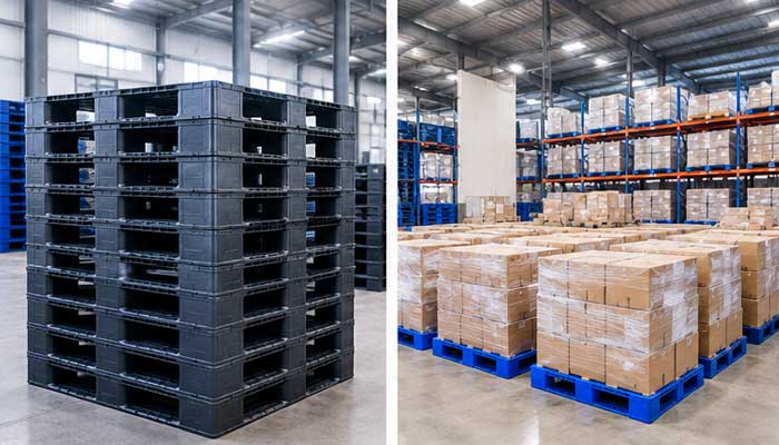 Pallet nhựa được xếp thành từng lô trong kho.