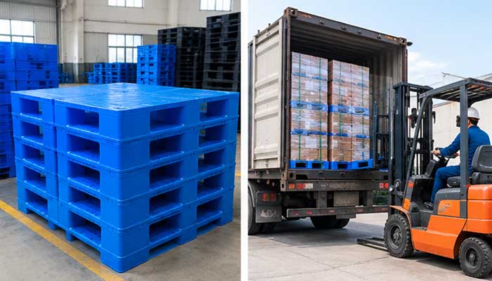Nhân viên kiểm tra pallet nhựa cũ trước khi nhập kho.