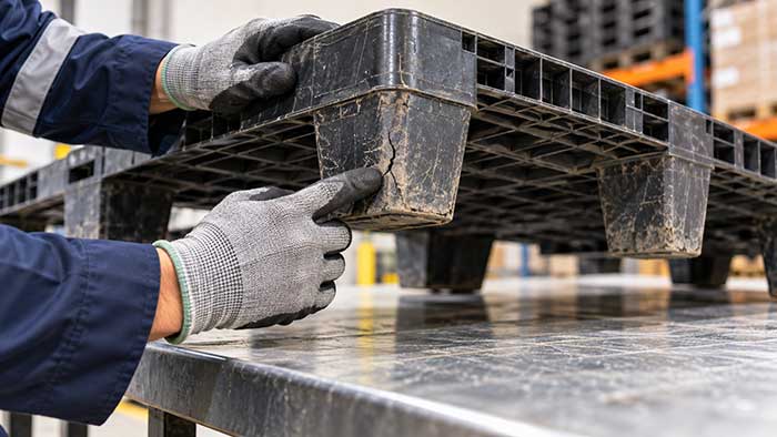 Kiểm tra chân pallet, thanh đỡ và vết nứt trước khi nhận pallet nhựa cũ.