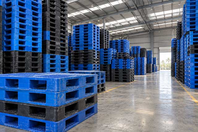 Pallet nhựa cũ được tập kết theo từng loại để thuận tiện đánh giá và thanh lý. Ảnh minh họa.