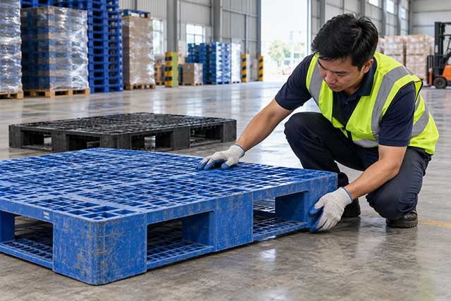 Kiểm tra mặt kê, chân đế và cạnh pallet là bước cần thiết trước khi phân loại và báo giá. Ảnh minh họa.