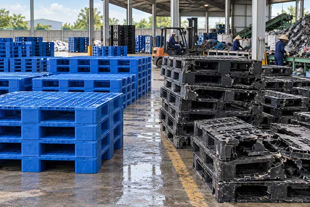 Bốc xếp pallet nhựa tại kho theo phương án nhận hàng tận nơi đã thống nhất. Ảnh minh họa.